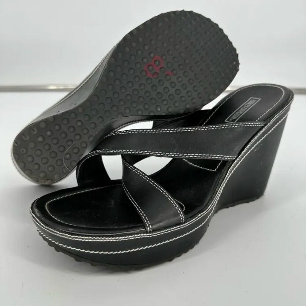 Harley Davidson Women's Size 10 Wedge Sandals Black Leather Slip On Platform